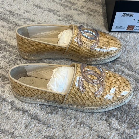 Chanel flat espadrilles size 38 raffia plastic beige clear slip ons - Picture 4 of 8